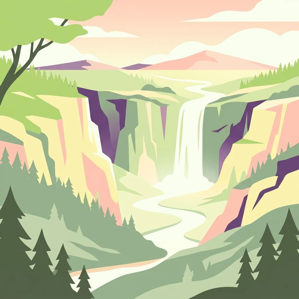 A stylized vector illustration of a waterfall flowing through a deep canyon with coniferous trees in the foreground and mountains in the distance.