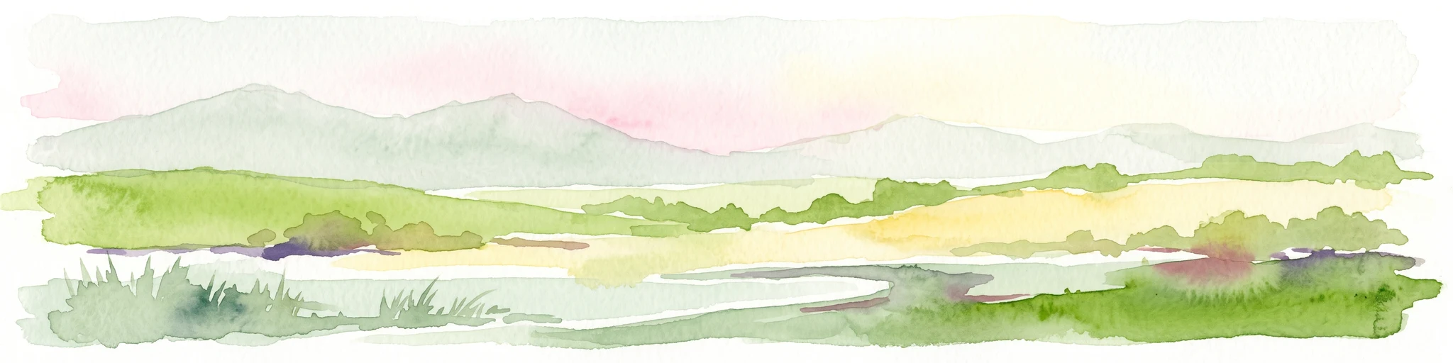 A watercolor painting showing a soft, pastoral landscape with green rolling hills, light yellow grasslands, and a tranquil pond in the foreground against a light, hazy sky.