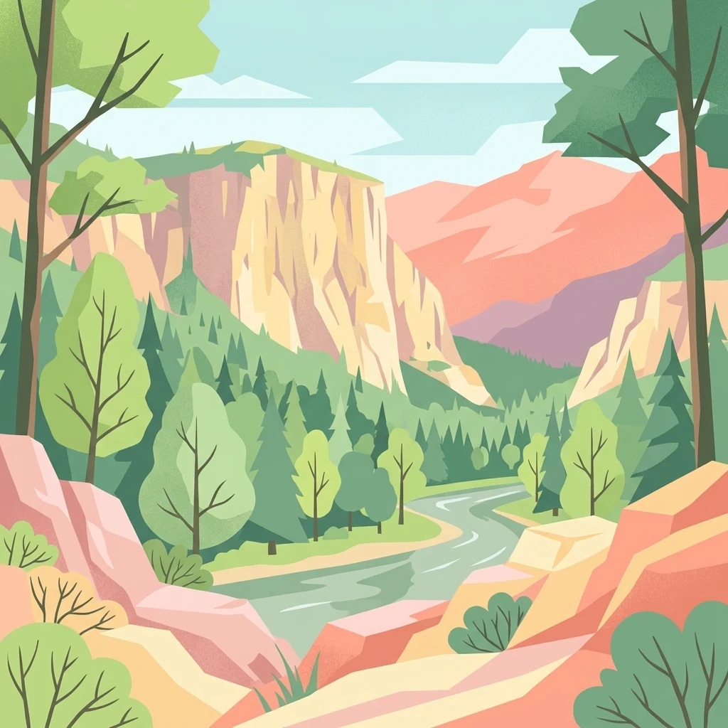 A stylized vector illustration of a river flowing through a deep valley between vertical limestone cliffs, surrounded by coniferous and deciduous trees.
