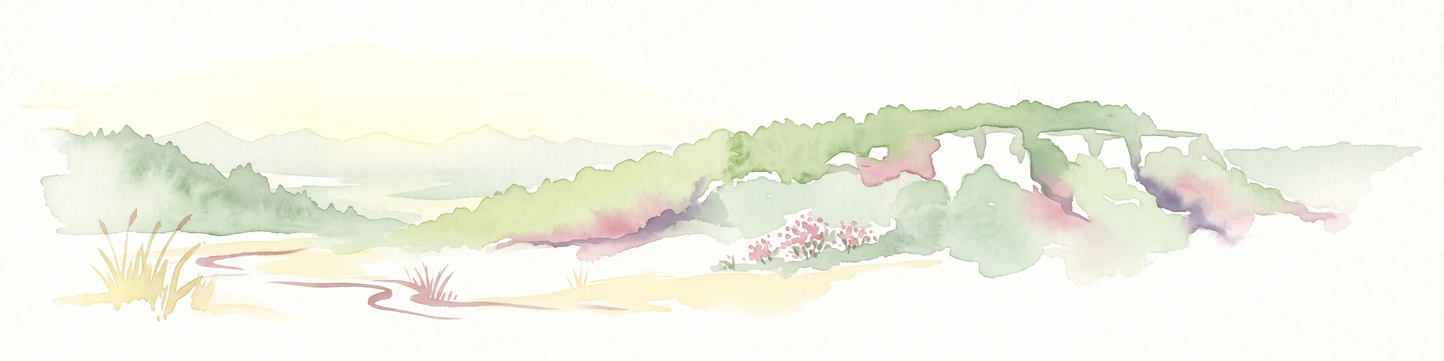 Una ilustración acuarelada pálida y de enfoque suave que representa un paisaje de acantilados de piedra caliza con colinas suaves y vegetación ligera.