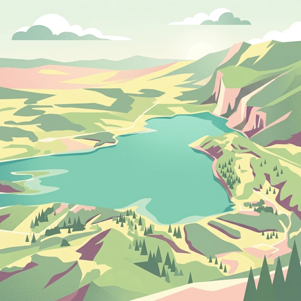 A stylized digital illustration showing an aerial, high-angle view of a turquoise lake surrounded by rolling hills, forest patches, and steep mountain slopes.
