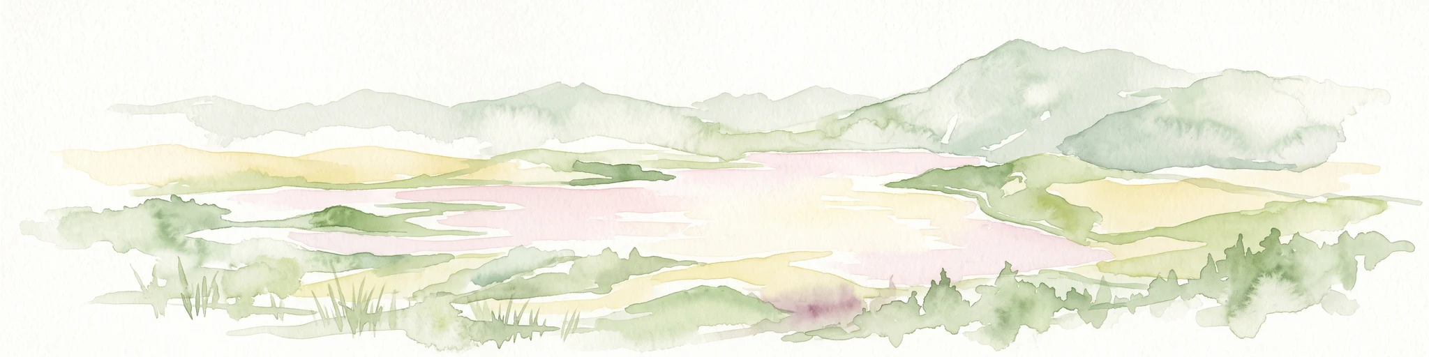 A watercolor illustration showing a soft, panoramic view of a calm lake surrounded by gentle, rolling green mountains.