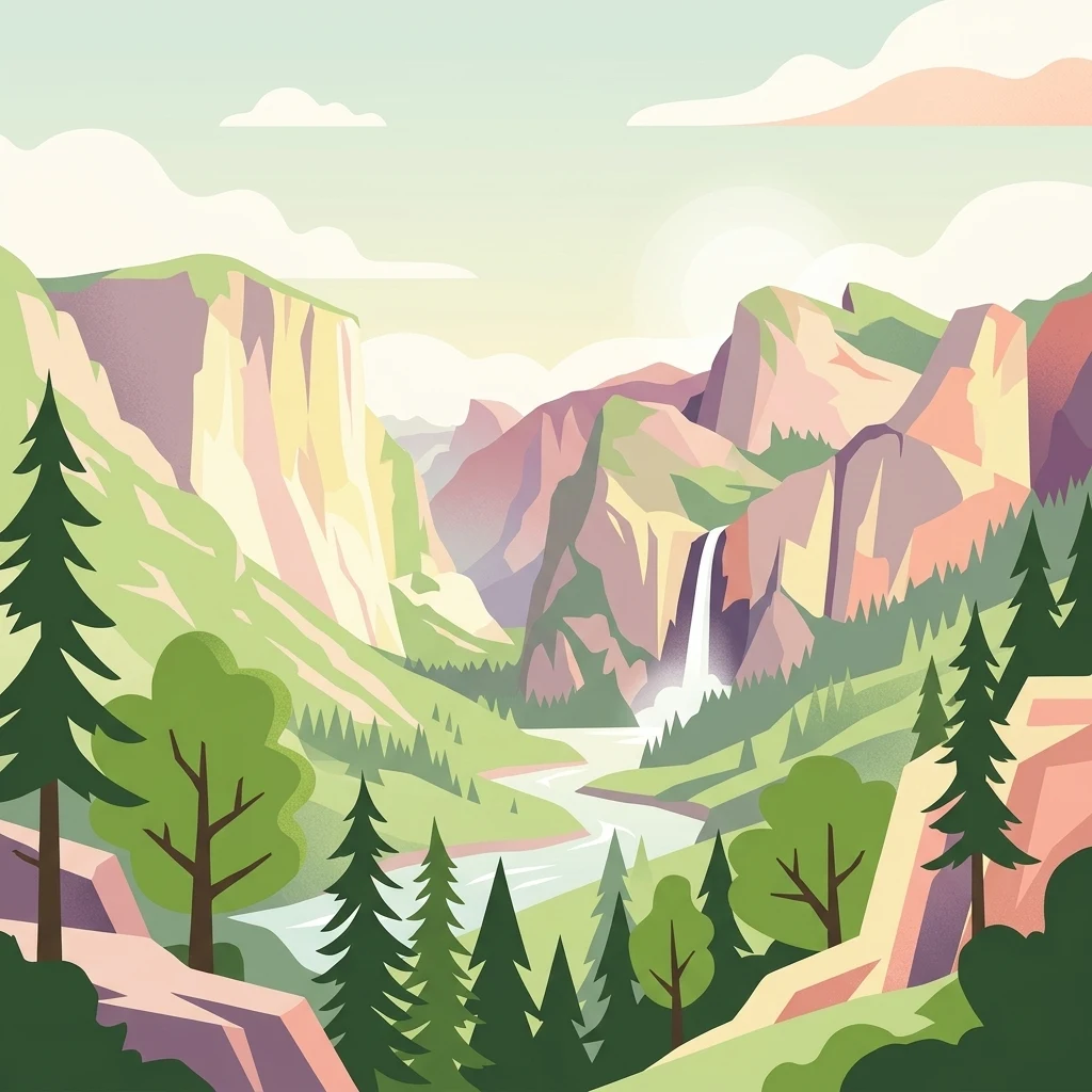 Una ilustración vectorial plana y estilizada de un valle entre montañas rocosas y escarpadas, con una cascada que desemboca en un río, rodeada de bosques de pinos.