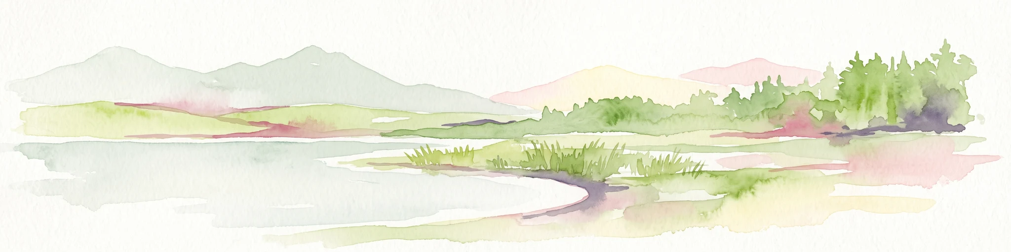 Una suave ilustración en acuarela que representa una serena escena de humedal con una masa de agua tranquila, marismas cubiertas de hierba y colinas onduladas a lo lejos bajo un cielo pálido.