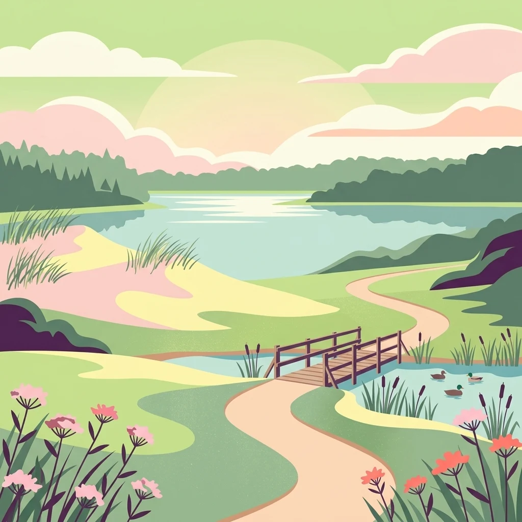 A flat-style digital illustration of a nature reserve featuring a winding dirt path, a small wooden bridge crossing a marshy stream, a tranquil lake, and lush vegetation under a soft sky.