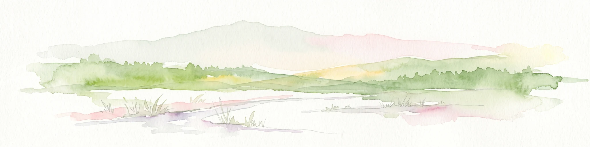 A soft watercolor illustration showing a low-lying landscape with gentle rolling hills, grassy foreground vegetation, and light, hazy atmospheric tones.