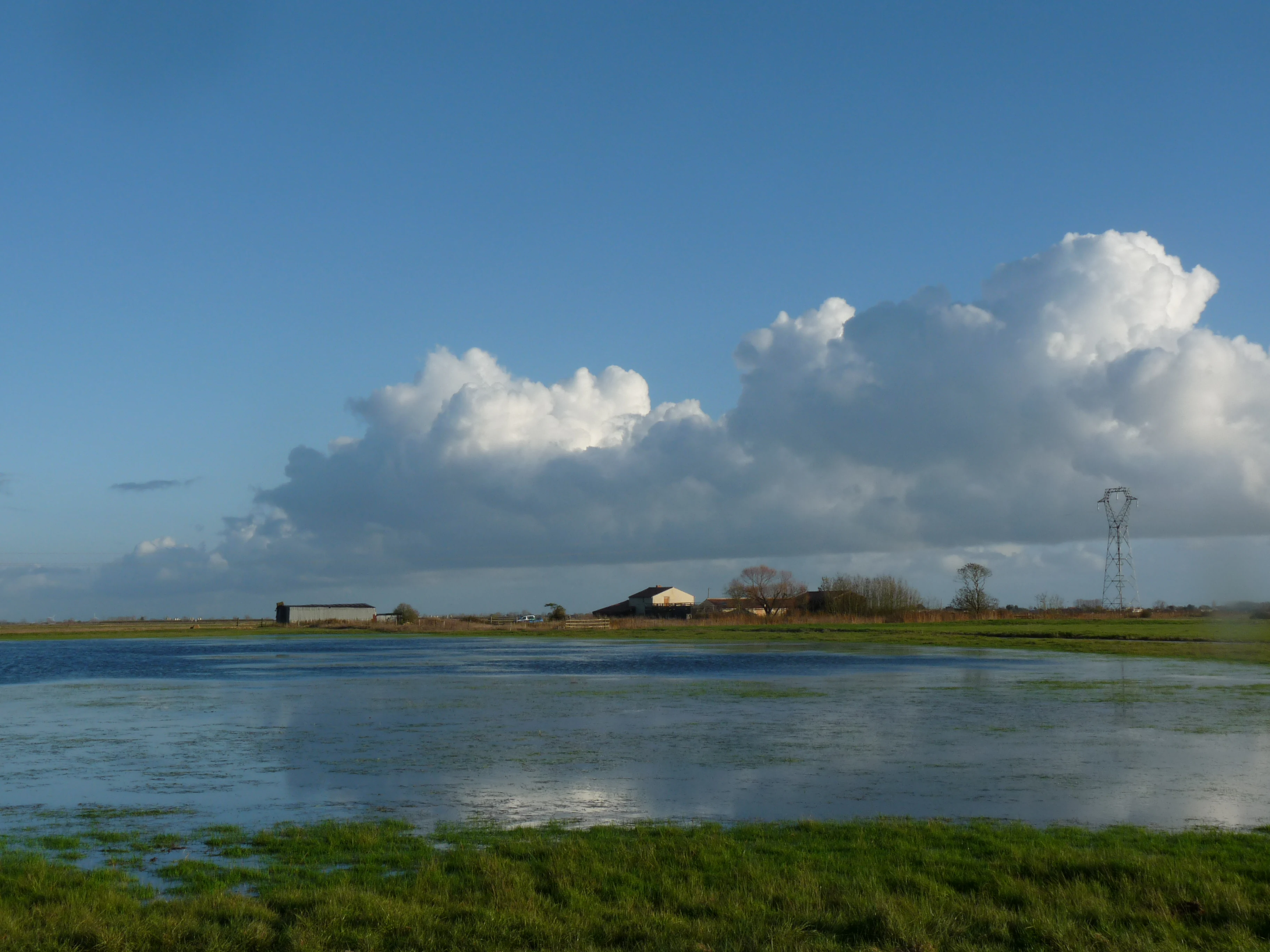A wide, low-angle shot of a flat, grassy wetland area flooded with shallow water, reflecting the sky. In the middle distance, small structures are visible along the horizon line under a large, cloud-filled blue sky.
