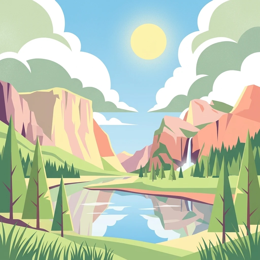 A flat, stylized illustration showing a mountain valley with a river, coniferous trees, and a distant waterfall under a bright sun and clouds.