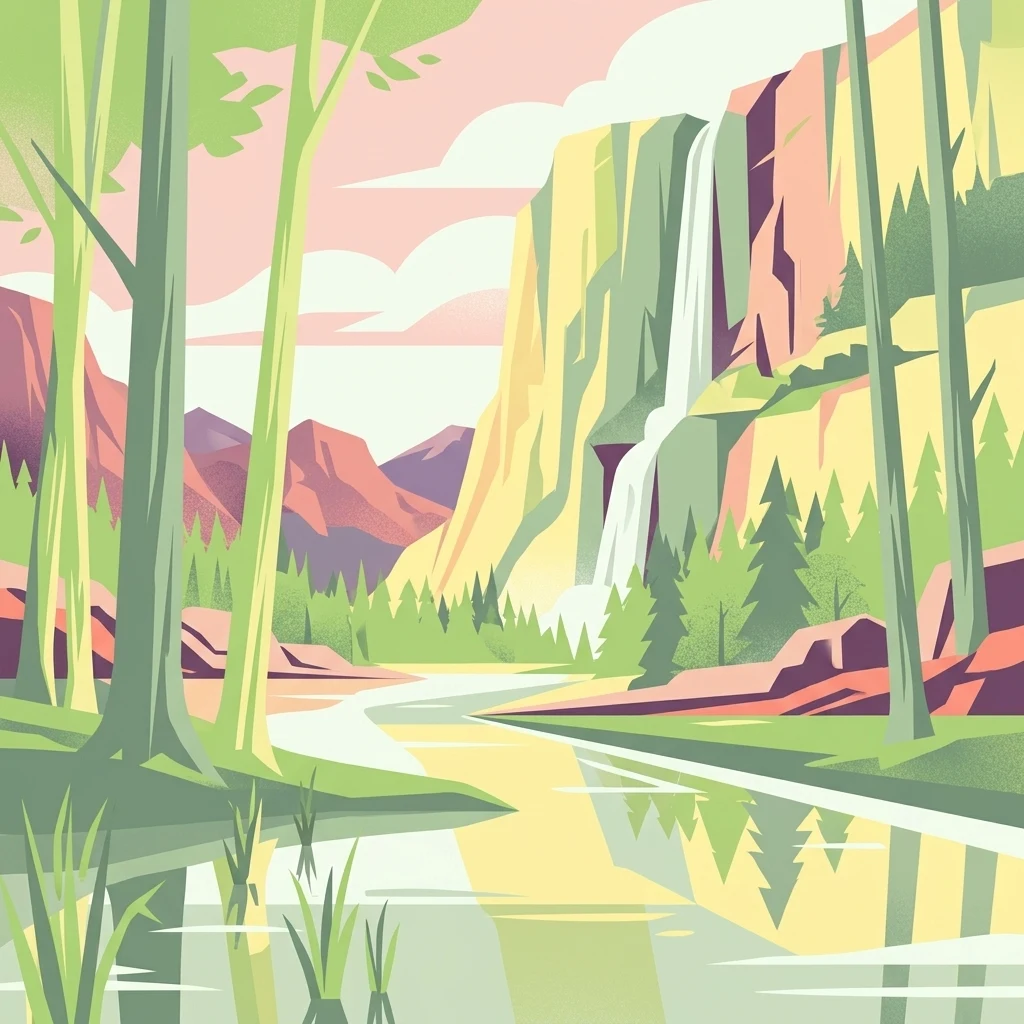 Vector-style digital illustration showing a waterfall flowing down a steep rock cliff into a river, framed by foreground trees in a forest setting.