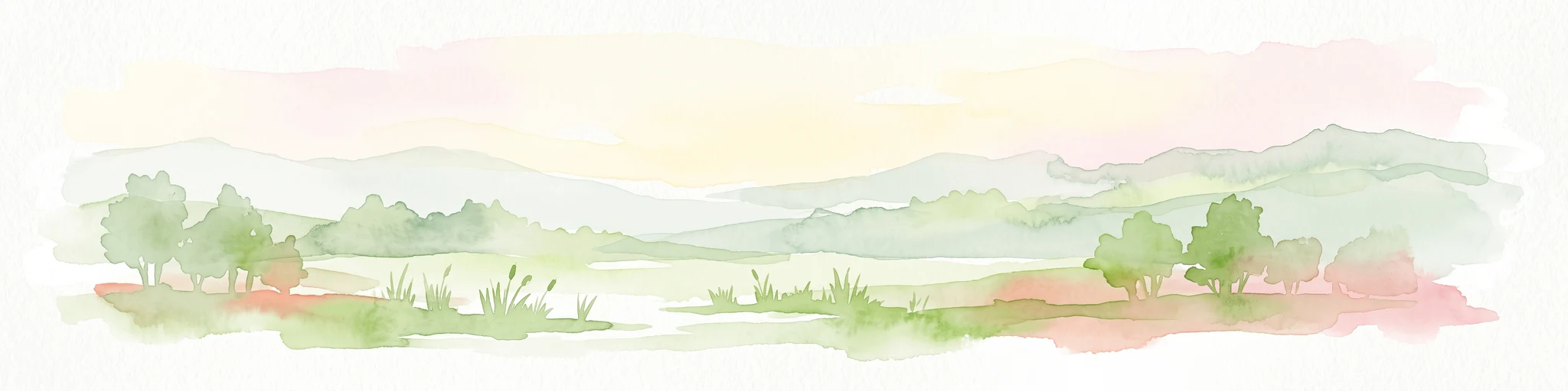 Una ilustración horizontal en acuarela que representa un paisaje pantanoso suave y de tonos claros con árboles verdes, juncos y colinas onduladas al fondo.