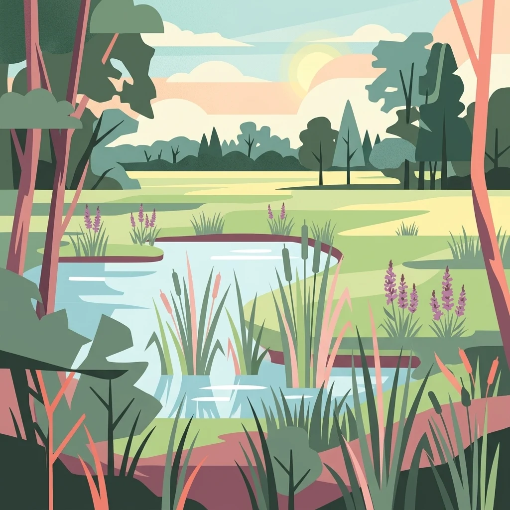 A stylized, flat-vector illustration of a wetland area with a central pond surrounded by reeds, cattails, and purple flowers, framed by stylized trees under a soft sunrise sky.