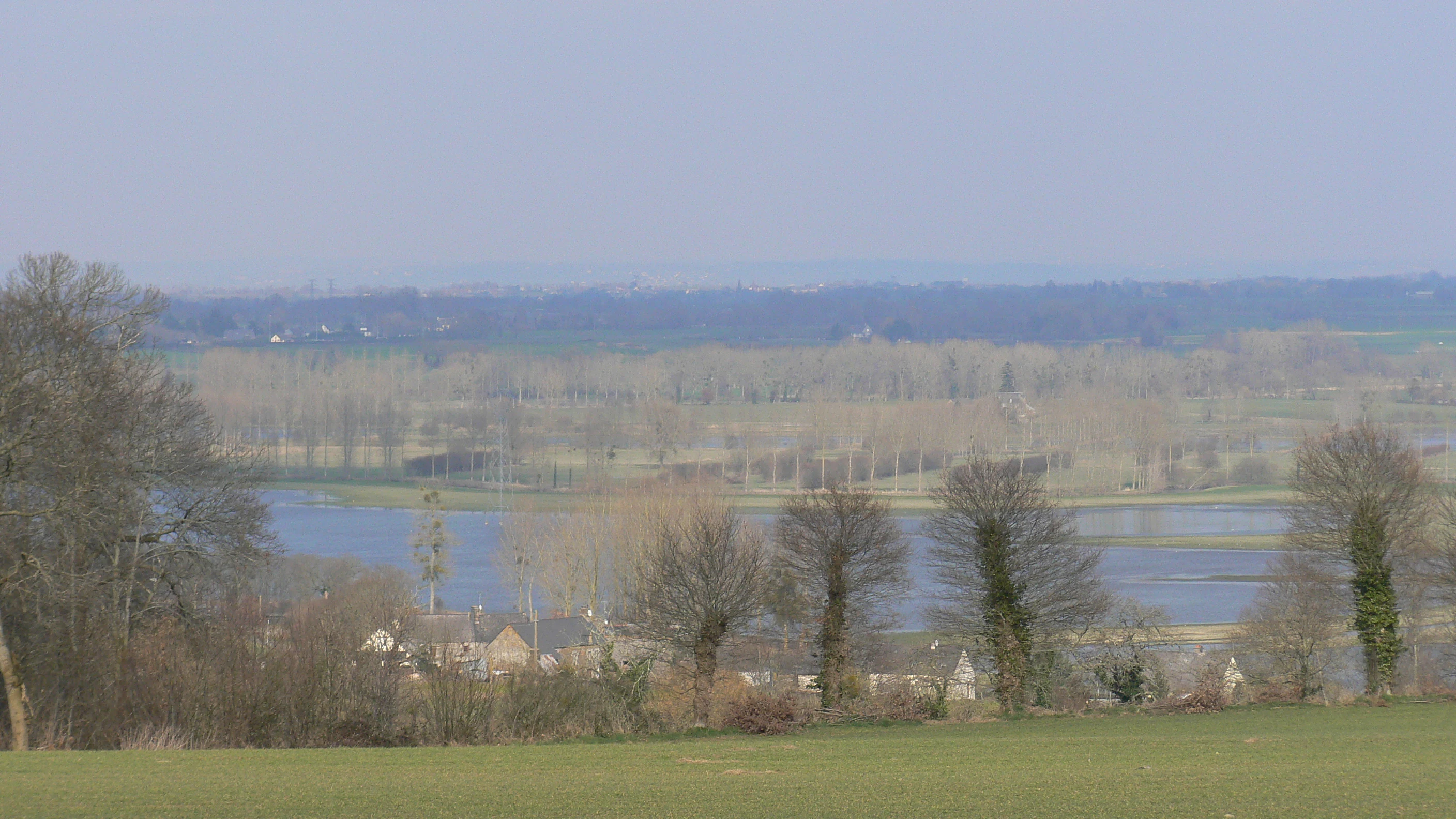 A wide, hazy landscape view of a low-lying wetland area with trees, grass, and a small cluster of buildings in the foreground.