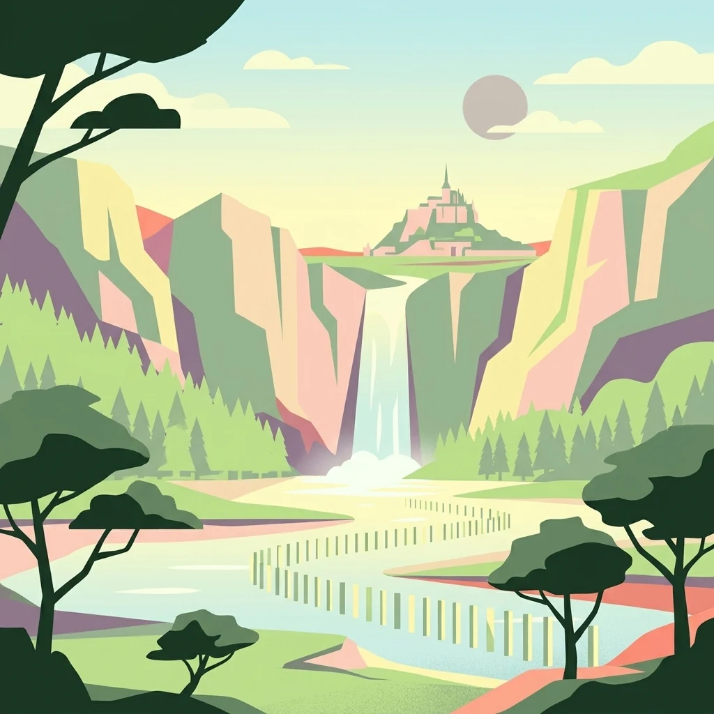 A stylized flat-art illustration showing a valley with a waterfall in the background, a winding river in the foreground, and a hilltop castle silhouette reminiscent of Mont Saint-Michel.