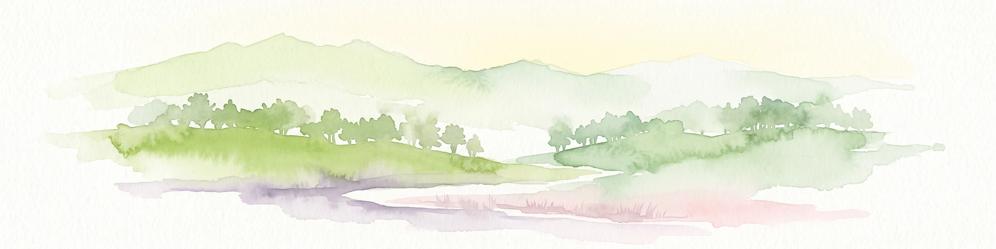 A soft watercolor illustration of a green wetland area with rolling hills and misty silhouettes in the background, set against a white background.