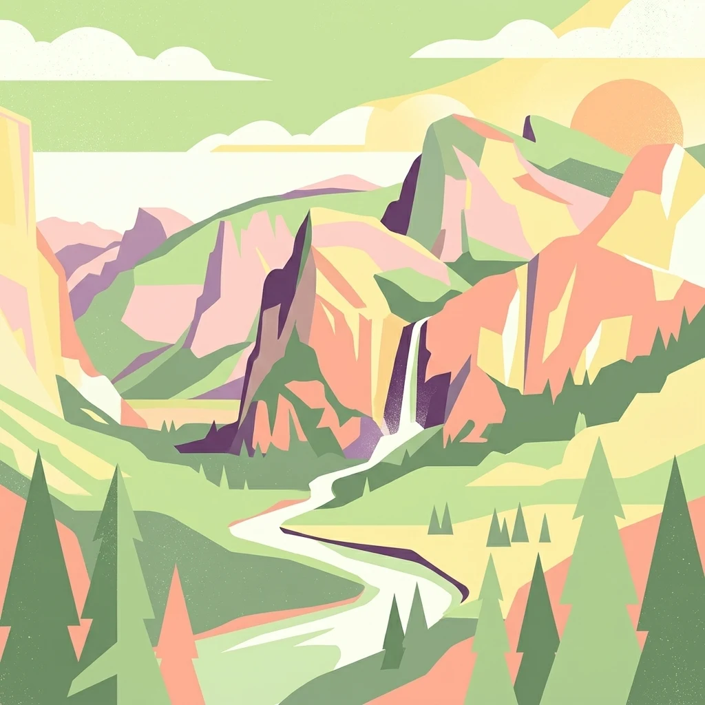 Una ilustración gráfica que representa un valle con pinos altos y estilizados en primer plano, un río serpenteante y montañas lejanas con una cascada, todo ello representado en una paleta de rosas pastel, verdes y amarillos.