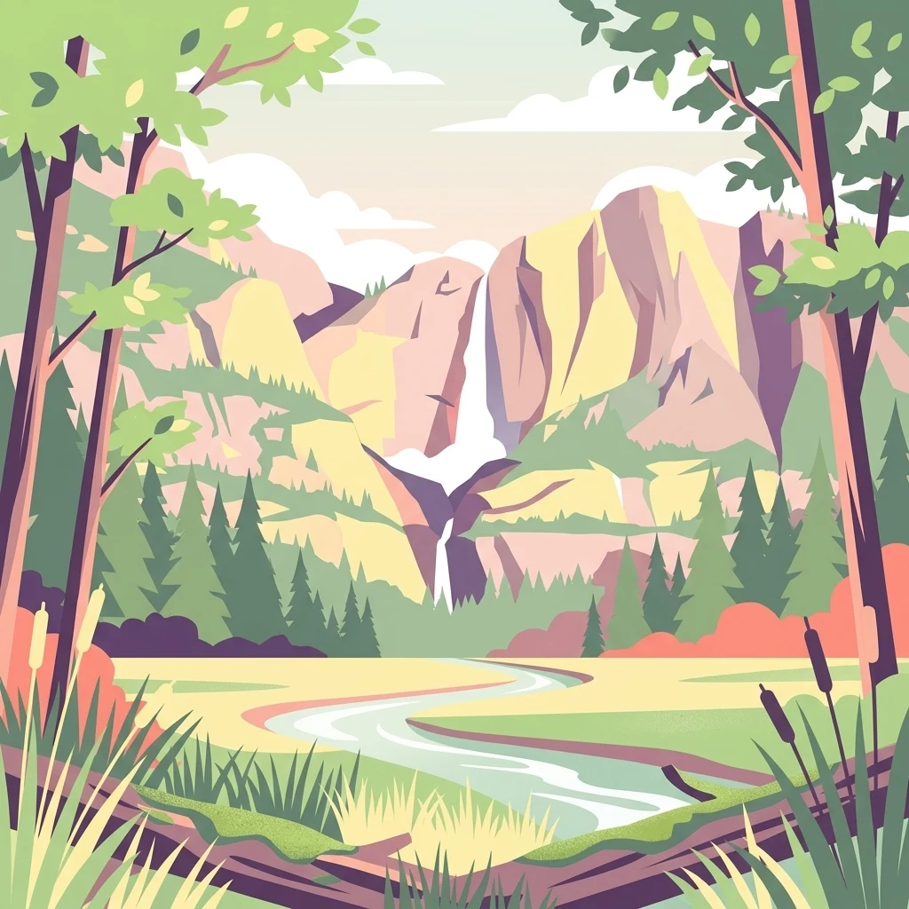 A flat-style digital illustration showing a mountain waterfall, a river flowing through a valley, and surrounding forest vegetation.