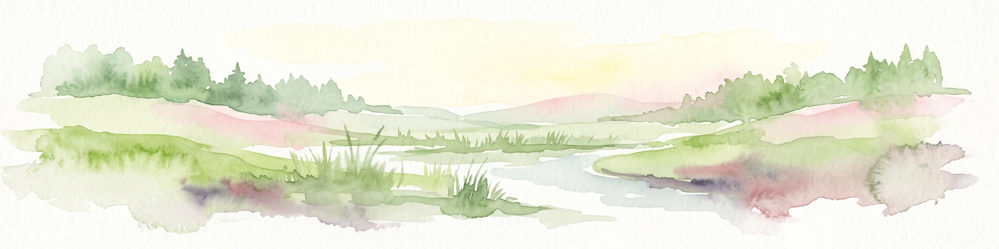 Una ilustración horizontal en acuarela que muestra un sereno paisaje de humedal con un arroyo serpenteante, suaves riberas herbáceas verdes y líneas de árboles lejanas en pasteles claros.