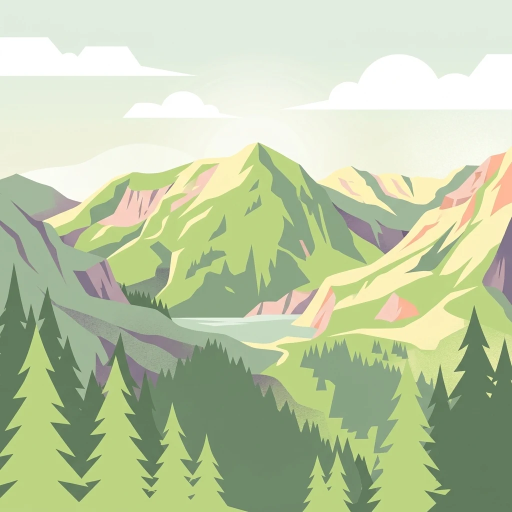 A stylized flat vector illustration of mountain peaks above a forest and a small lake, set against a pale sky with white clouds.