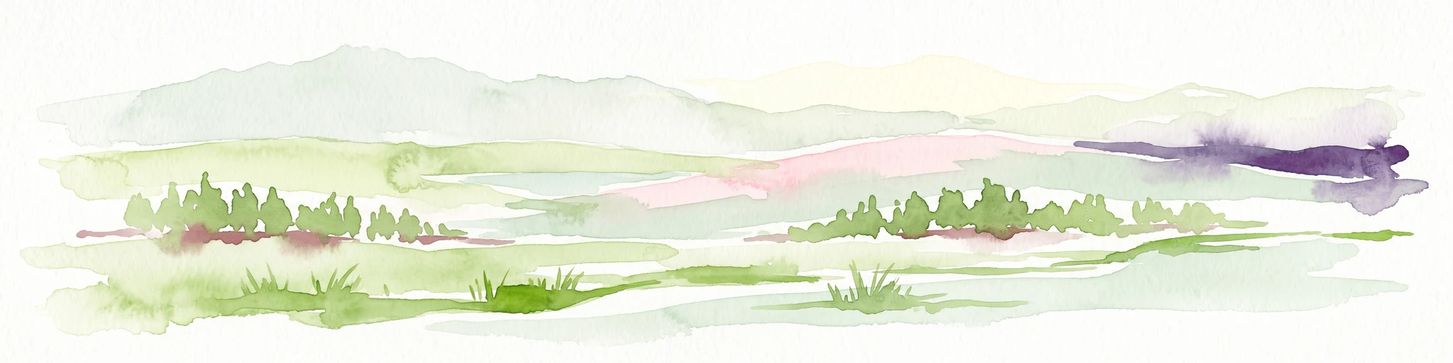 Una acuarela de un paisaje montañoso sereno con suaves colinas onduladas, pequeños grupos de árboles y tonos suaves y apagados de verde, rosa y púrpura, sobre un fondo claro.