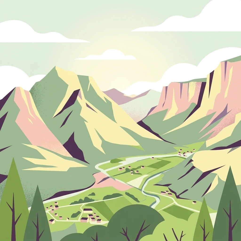 Ilustración de estilo vectorial de un valle entre picos montañosos escarpados con una pequeña aldea, un río serpenteante y árboles coníferos en primer plano.