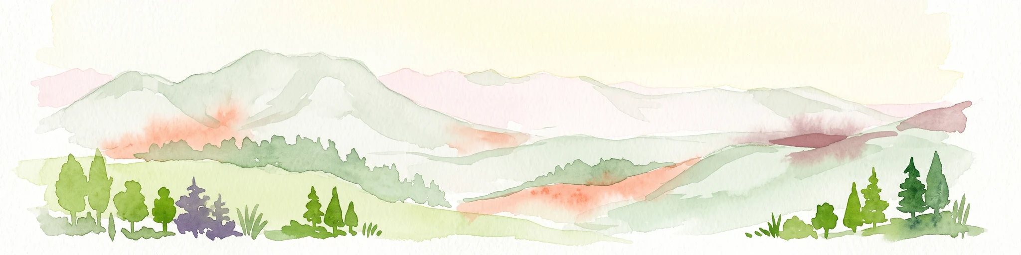 A watercolor illustration of rolling mountain ranges and stylized forest patches in soft green and earth tones against a pale background.