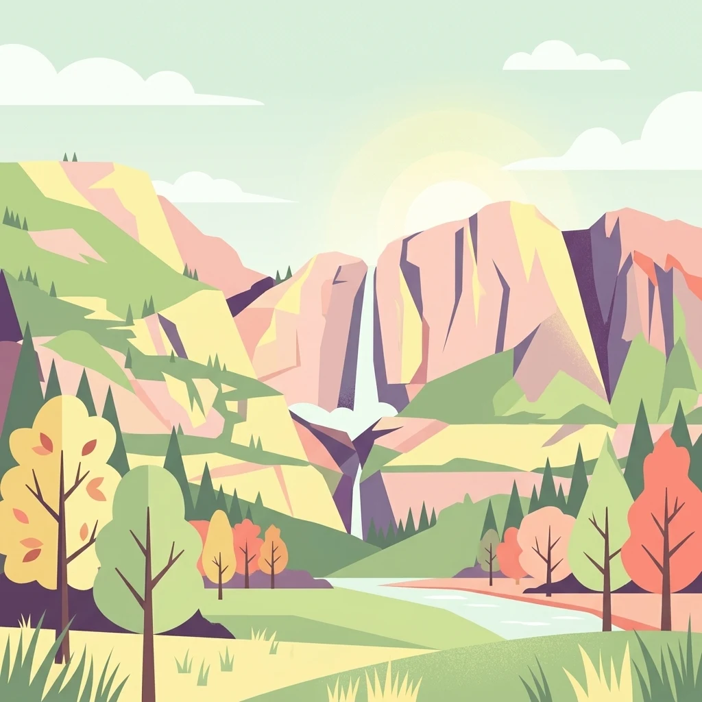 Ilustración vectorial estilizada que muestra un valle montañoso con una cascada de dos niveles, bosques circundantes y una pradera en primer plano.