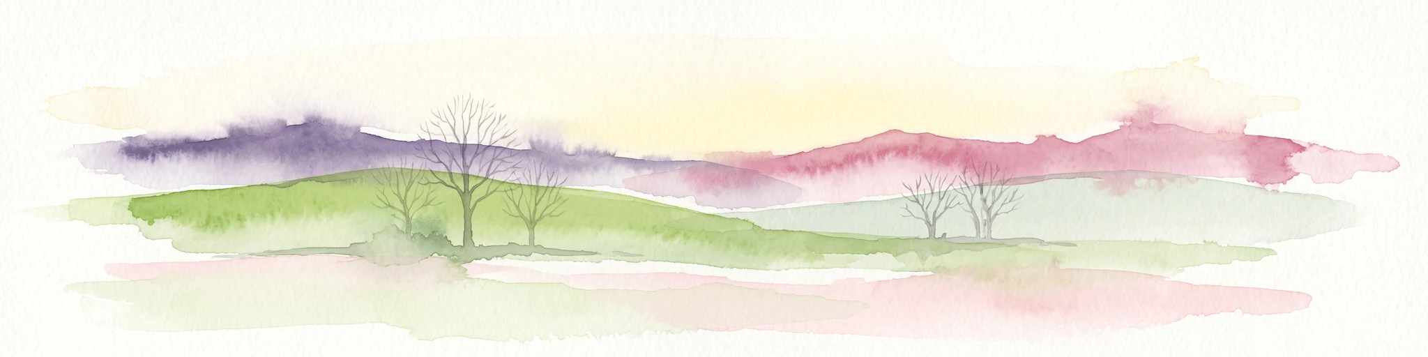 A watercolor painting of a rolling rural landscape with bare trees, grassy hills, and distant purple and red hills against a pale sky.