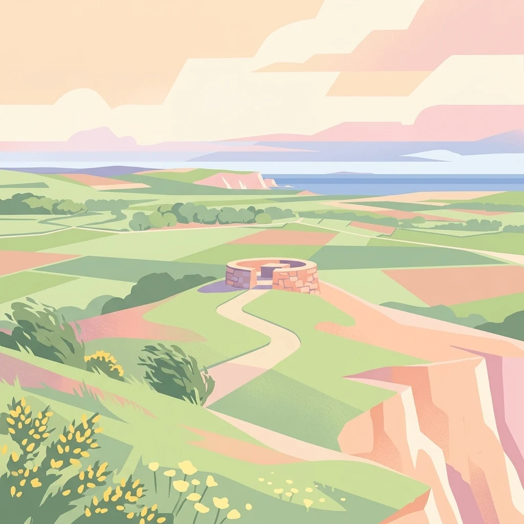Digital illustration of a rolling green landscape with a circular stone structure at the center, winding paths, wildflowers in the foreground, and a distant sea under a soft-toned sky.