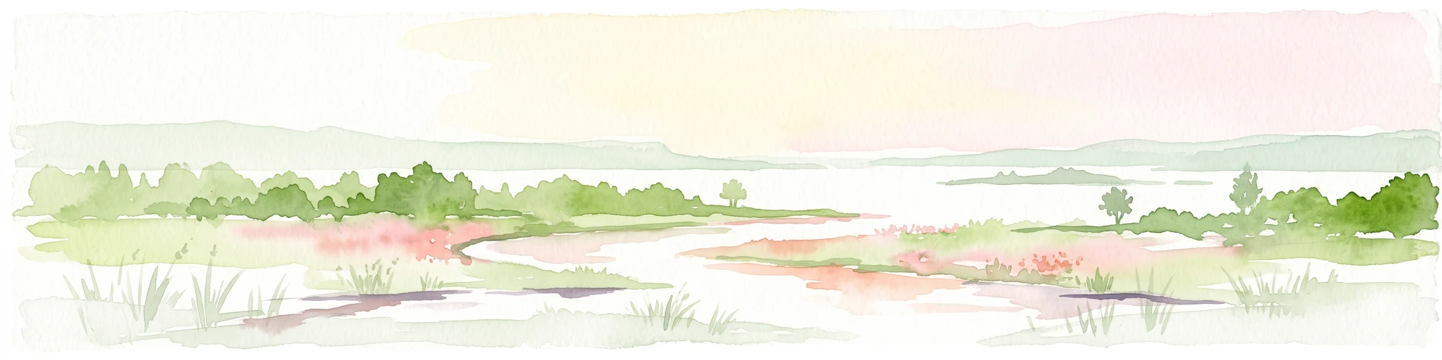 A horizontal watercolor painting showing a soft landscape with green vegetation, pink accents, and a winding body of water leading towards distant hills.