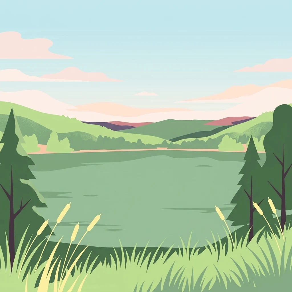 A stylized flat vector illustration of a lake surrounded by rolling green hills, pine trees, and tall reeds in the foreground under a pale blue sky.