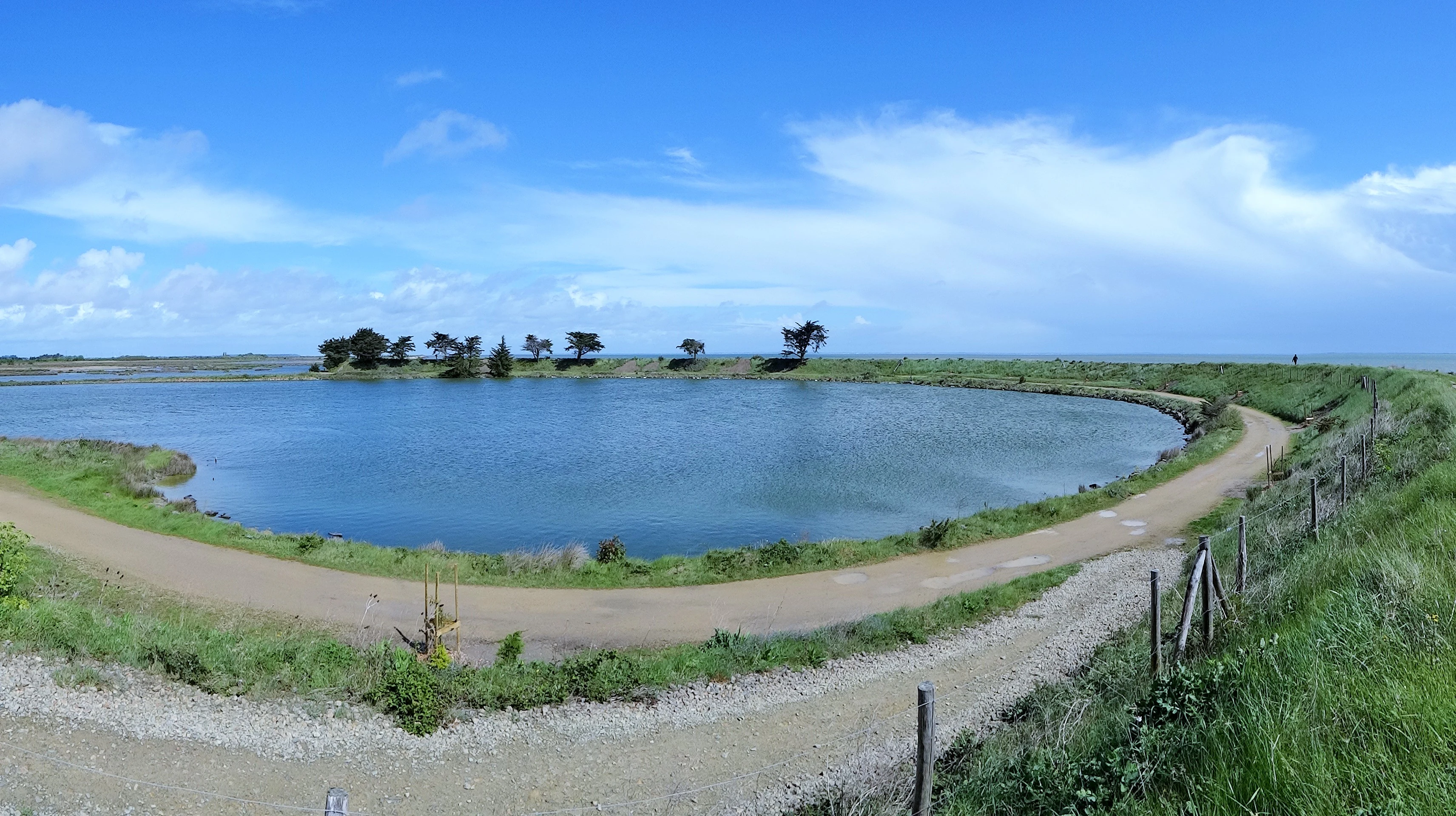 A panoramic landscape view of a calm, curved pond surrounded by a dirt trail and grassy banks under a blue, cloudy sky.