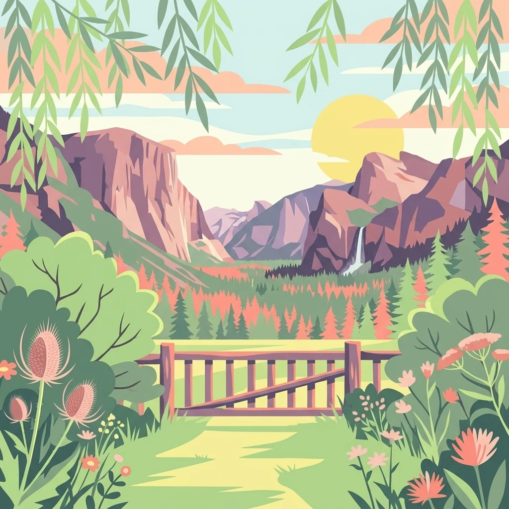 A digital illustration of a scenic valley surrounded by mountains with a wooden gate in the foreground and a meadow filled with pink wildflowers.