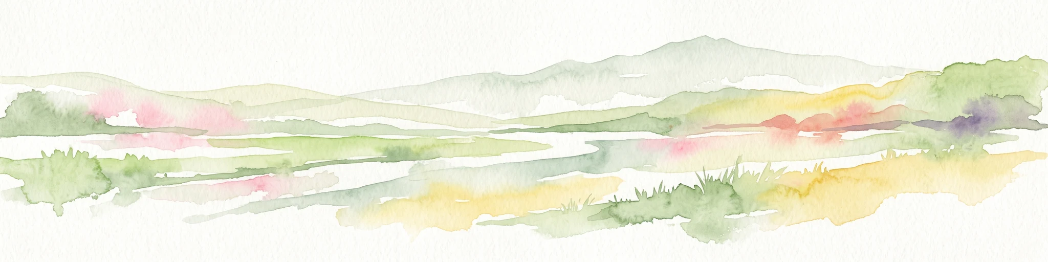 Watercolor painting of a soft, hazy landscape featuring low hills in the background and marshy wetlands in the foreground with pastel shades of green, yellow, and soft pink.