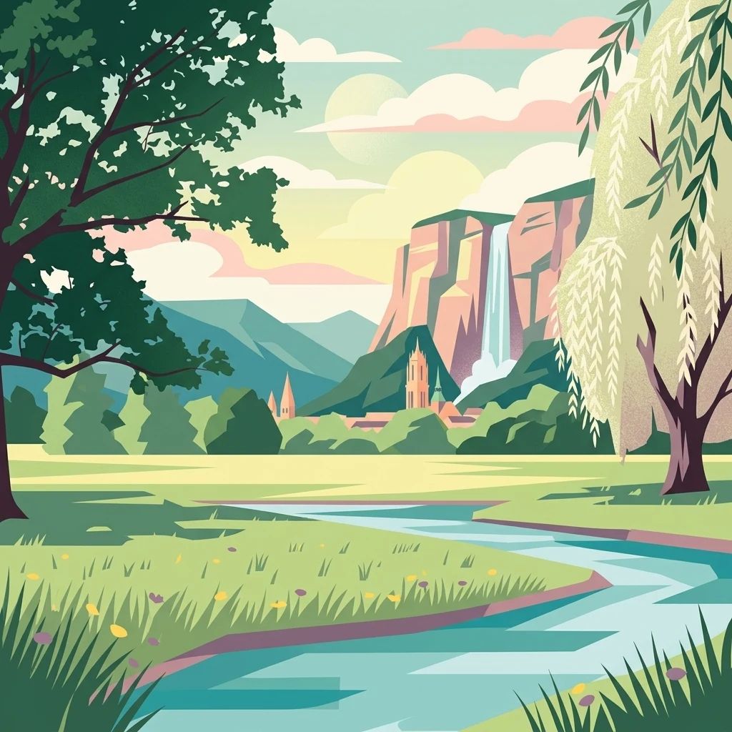A digital illustration showing a meandering river flowing through a green meadow, with trees on both sides and mountains with a waterfall in the distance.