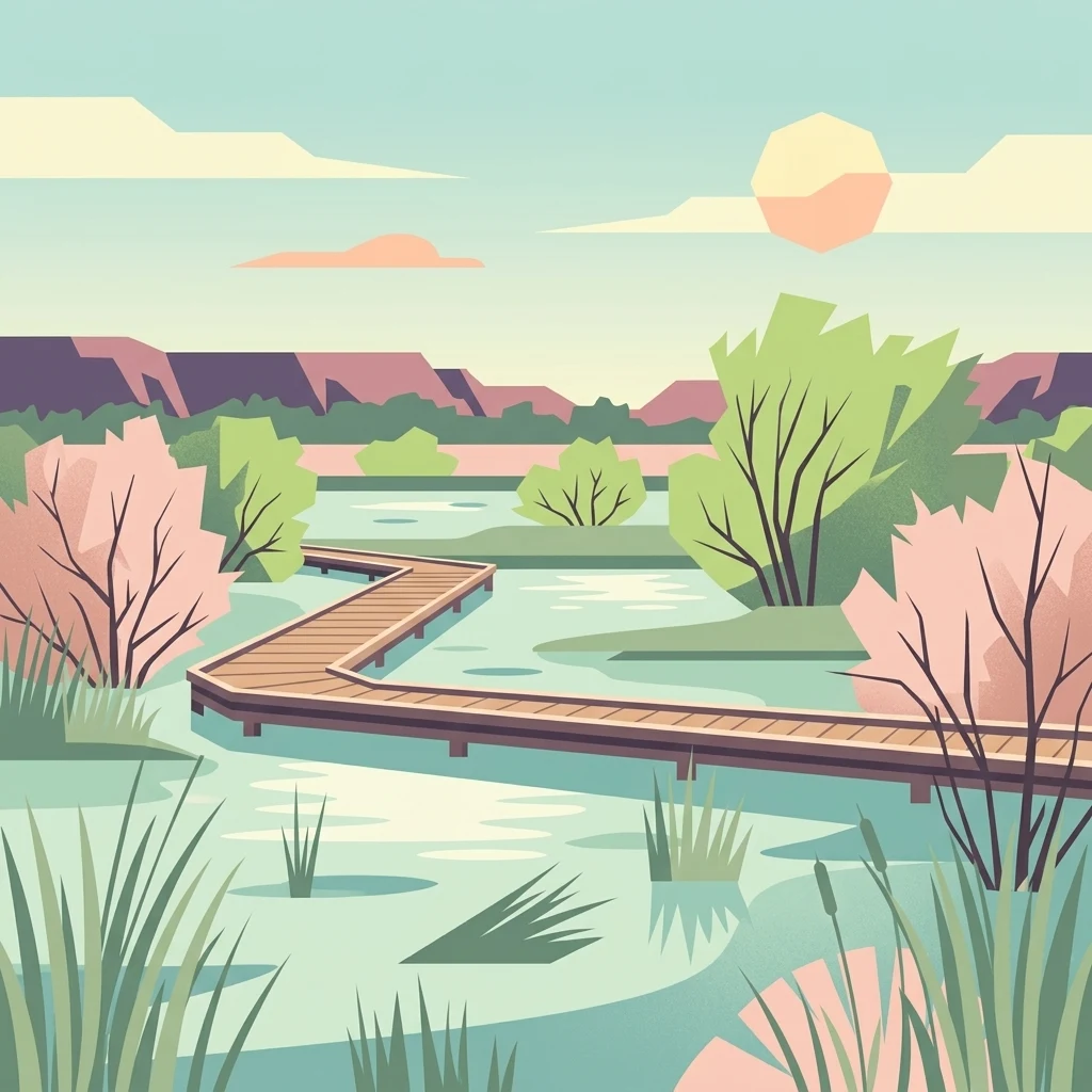 A flat vector illustration featuring a winding wooden boardwalk over a green wetland, surrounded by marsh grasses and trees under a setting sun.