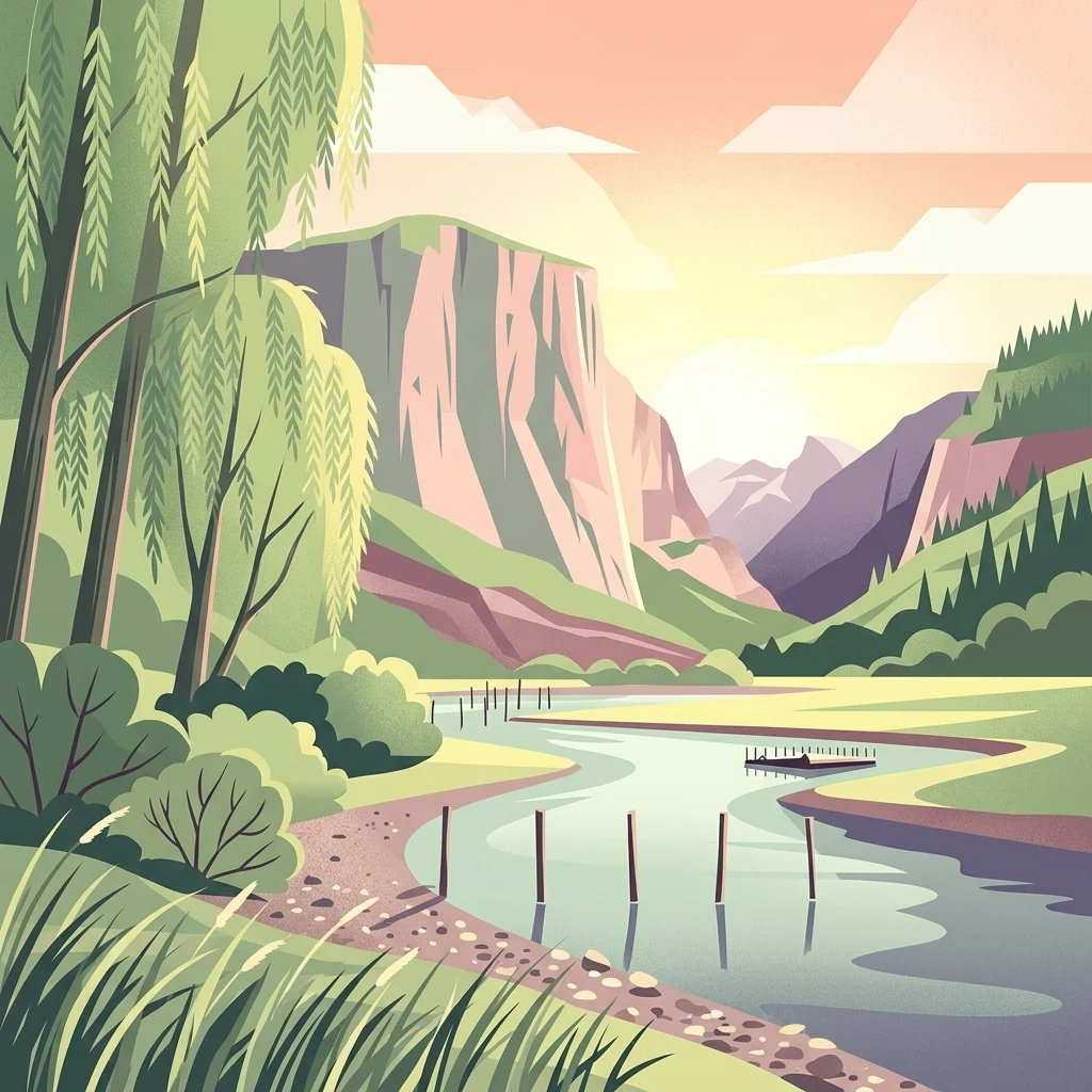 A digital illustration showing a river winding through a valley flanked by rocky cliffs and mountains under a warm, soft-lit sky. In the foreground, there are willow trees, grassy banks, and a shoreline with posts extending into the water.