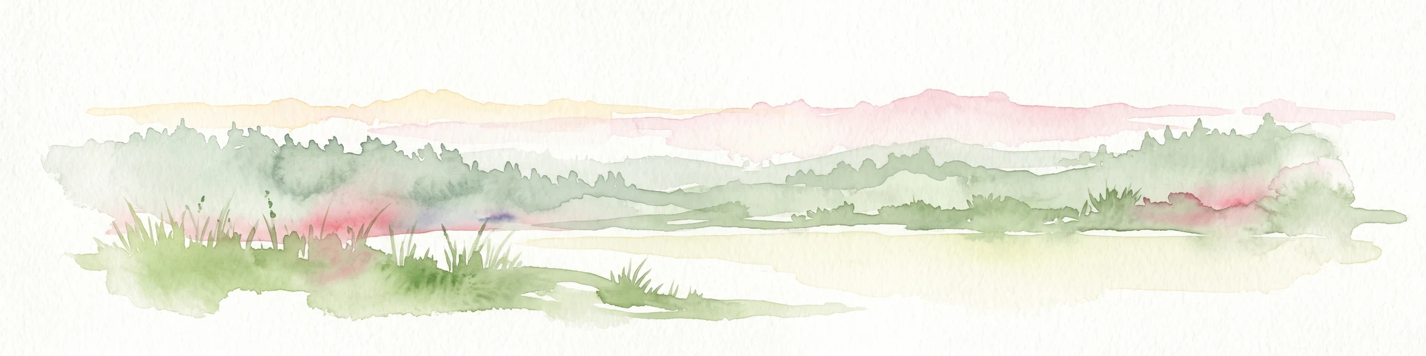 A soft watercolor painting of a serene natural landscape with rolling hills, a calm body of water, and forested ridges under a pastel sky.