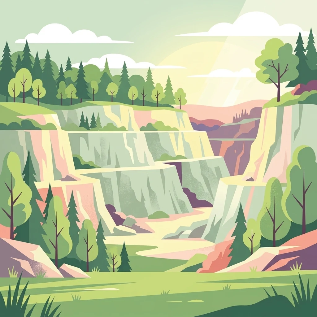 A digital illustration of a terraced limestone quarry surrounded by coniferous and deciduous trees under a soft, golden sunrise sky.