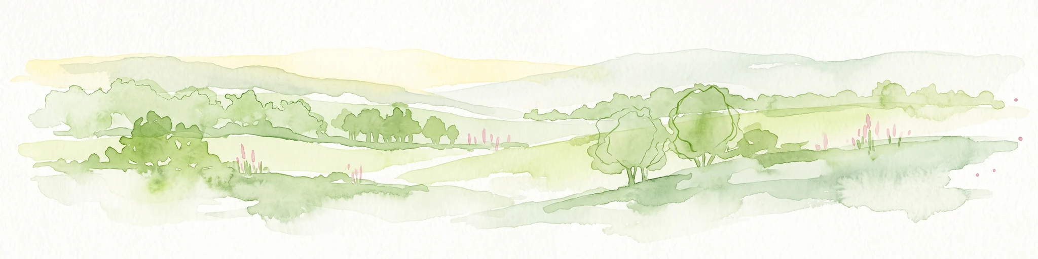 A soft watercolor illustration showing rolling green hills, patches of trees, and a distant horizon in shades of light green and pale yellow.