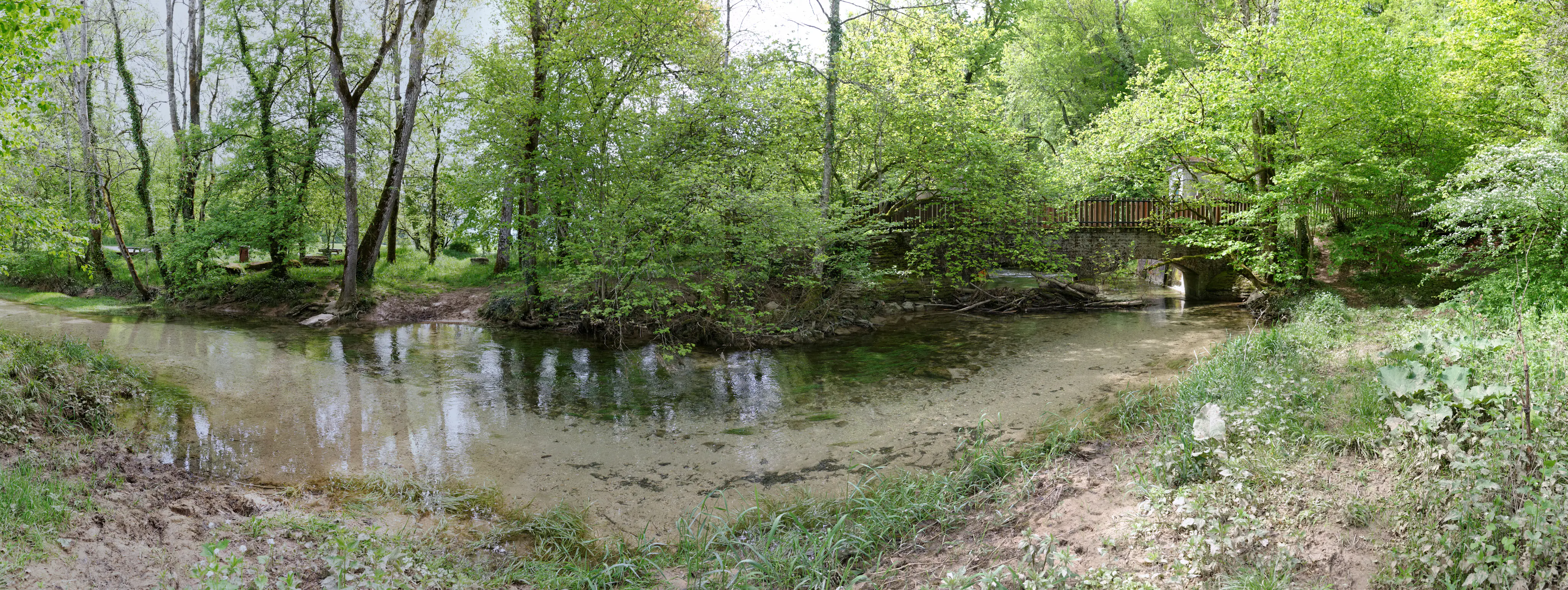 A wide panoramic view of a narrow river curving through a lush green forest, with a stone bridge visible on the right side.