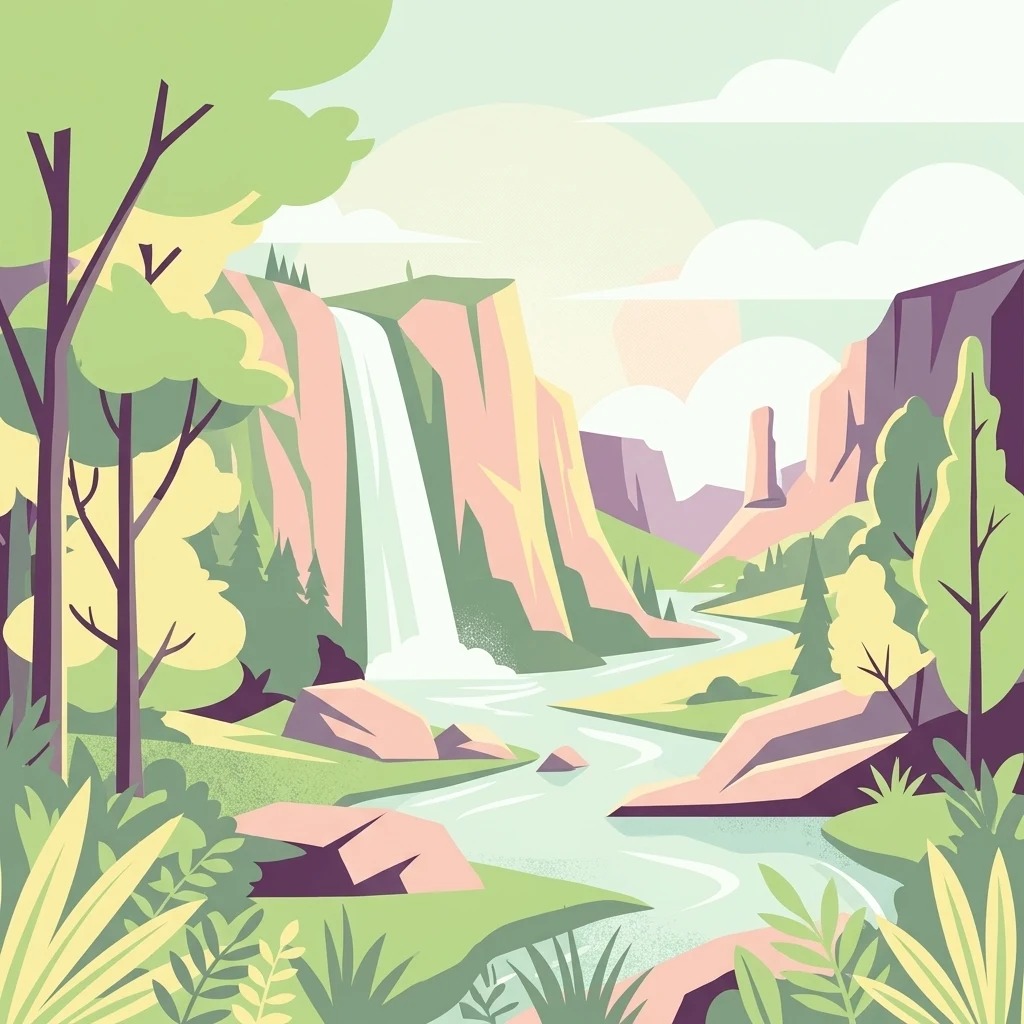 A flat vector-style digital illustration of a valley featuring a waterfall cascading into a river, surrounded by rocky cliffs and stylized forest vegetation.