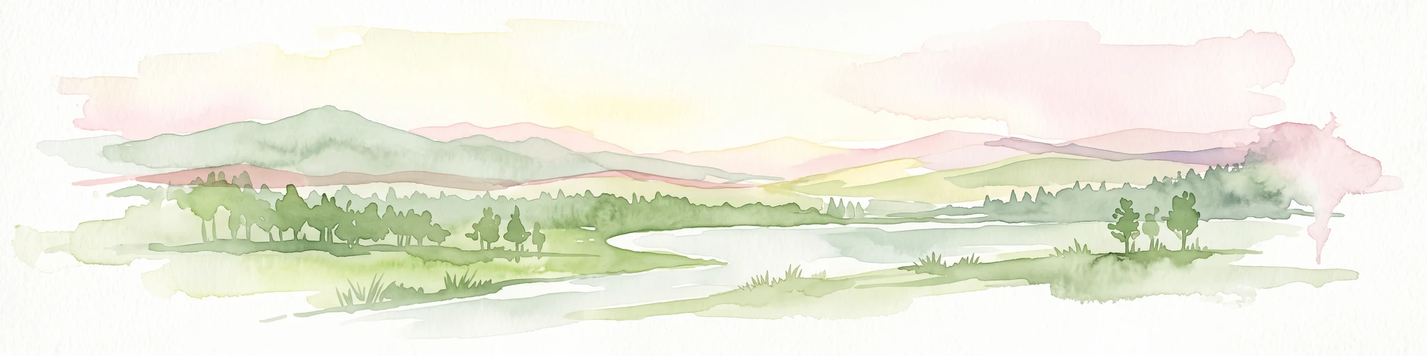 A watercolor painting of a pastoral landscape featuring a calm river winding through green fields and forests with rolling mountains in the background, set against a soft sunset sky.