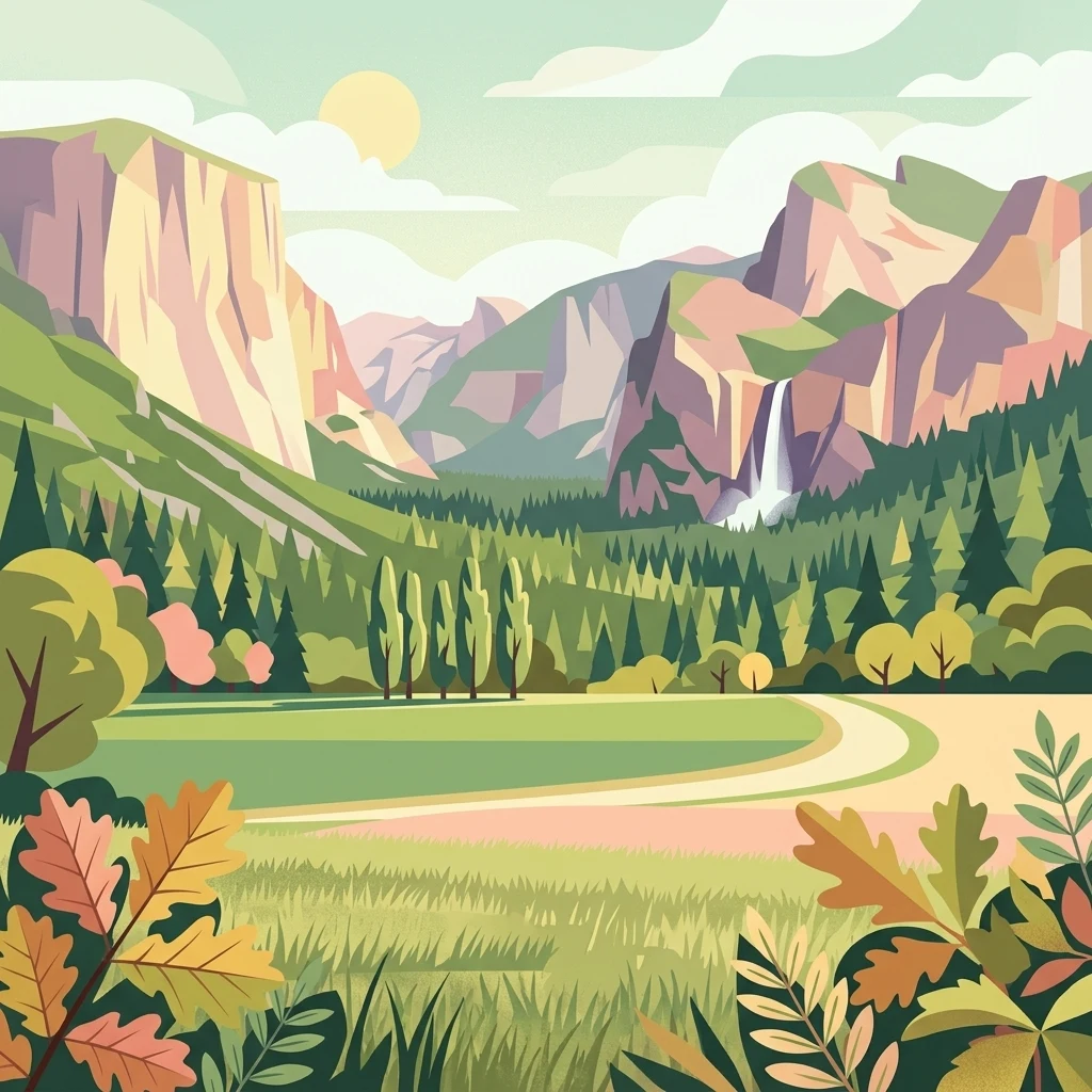 Una ilustración digital de estilo plano de un valle de montaña con una cascada, un sendero serpenteante, una pradera y bosques de coníferas, con hojas de otoño estilizadas en primer plano.