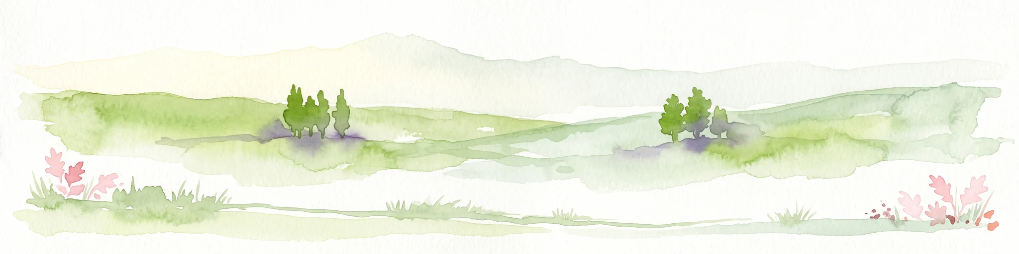 A soft watercolor painting of a green, hilly landscape with small groups of trees, set against a white background.