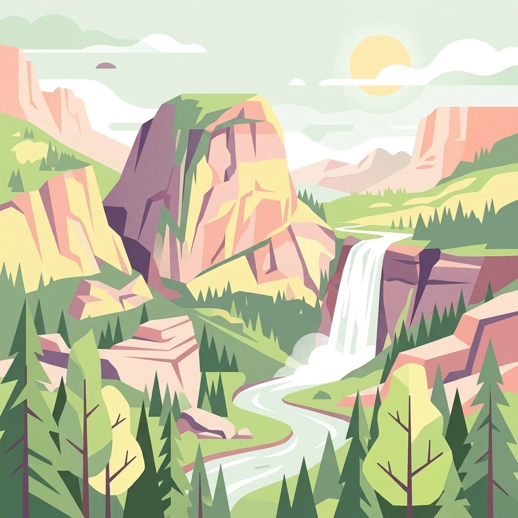 A flat-style digital illustration depicting a mountain landscape with a central cliff, a waterfall flowing into a stream, and surrounding pine forests under a pale sun.