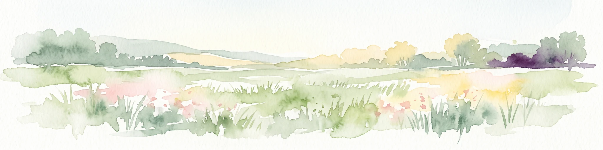 Una ilustración horizontal en acuarela que representa un paisaje suave e impresionista de praderas húmedas, manchas de hierba y árboles lejanos en tonos pastel de verde, amarillo y morado suave.