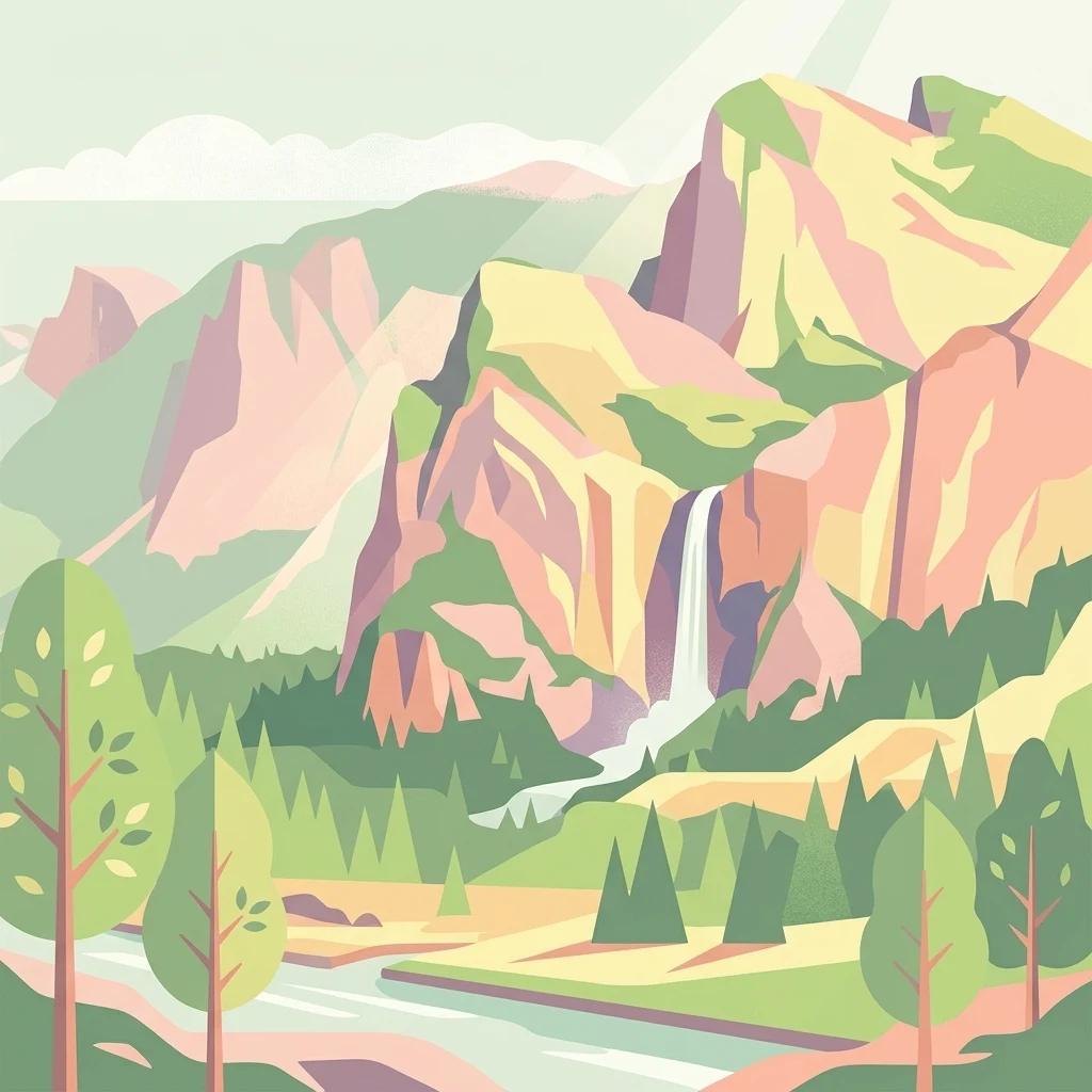 A flat-style digital illustration of a valley with towering mountains, a waterfall cascading down a cliff face, pine forests, and a river in the foreground, using a soft pastel color palette.