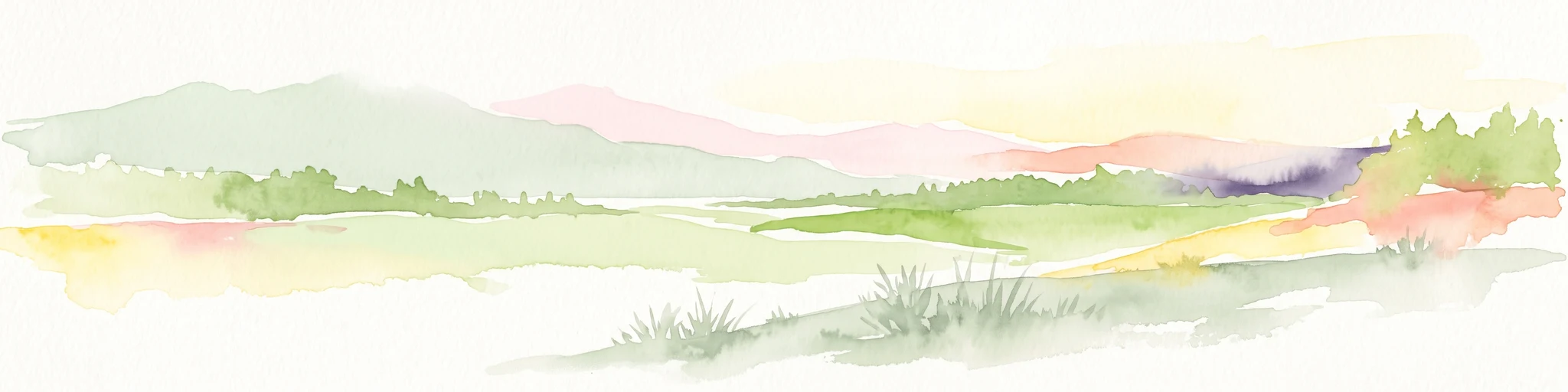A soft watercolor painting of a rolling countryside landscape, featuring light green hills, patches of forest, and pale yellow foreground meadows.