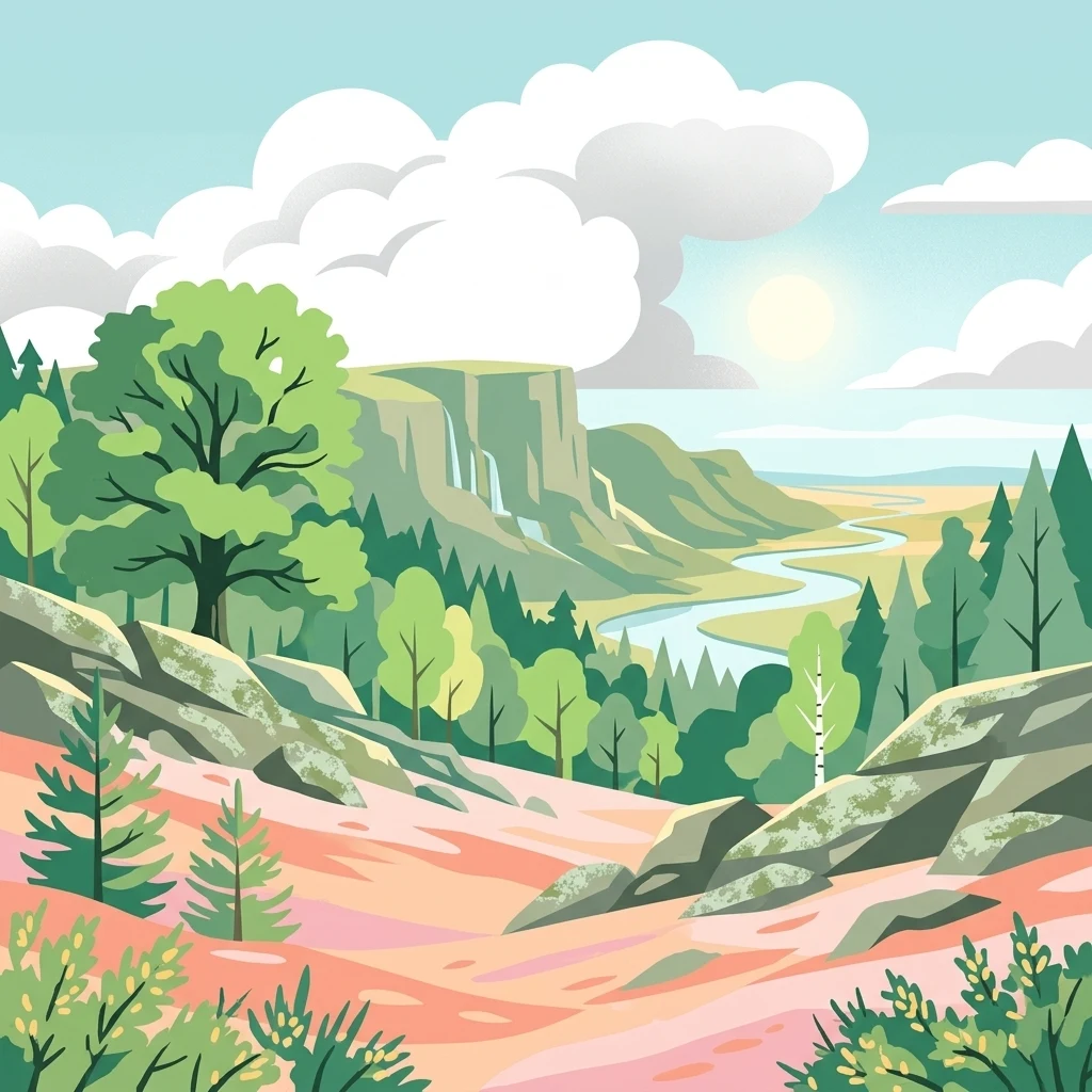 A stylized digital illustration of a mountainous park landscape with a rocky foreground, dense forests, a winding river, and distant cliffs under a partly cloudy sky.