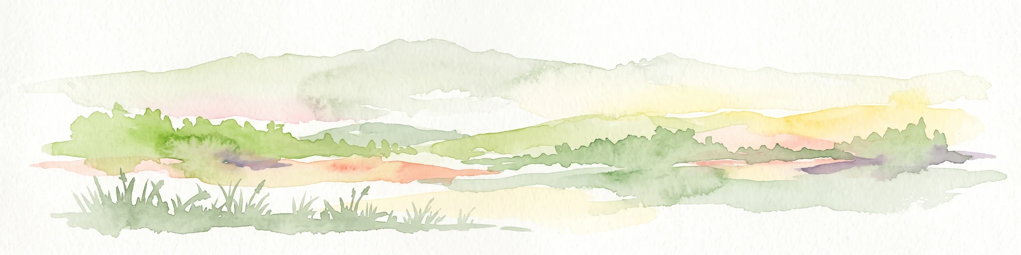 A pale watercolor landscape painting showing rolling green hills and distant mountain ridgelines against a white background.